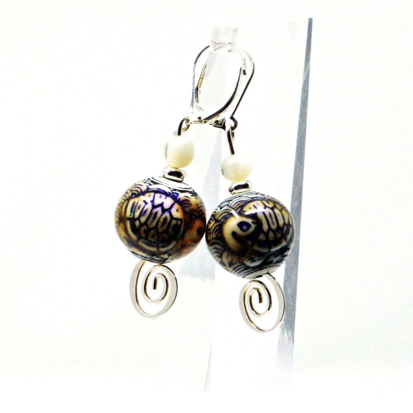 TURTLE EARRINGS - Tortoise Motif color change jewelry, Silver Swirl Dangle, Mother of Pearl Topper Bead, Magic Dangle Earrings