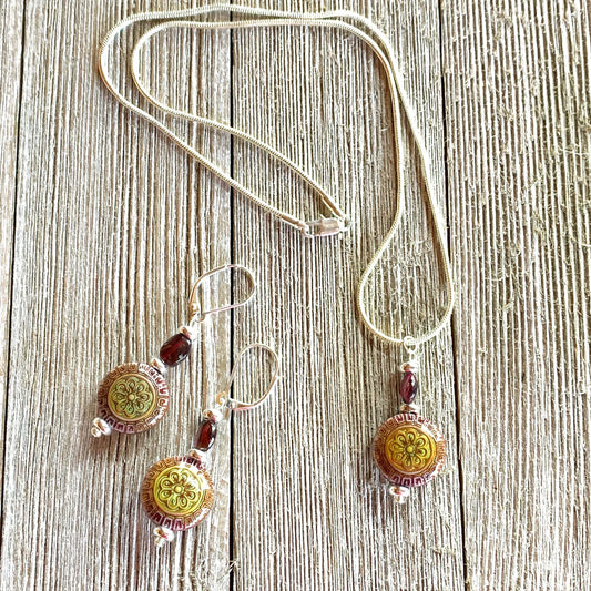 GARNET JEWELRY SET - Mandala and Garnet color change earrings and necklace, mood bead jewelry, zen style, yoga jewelry