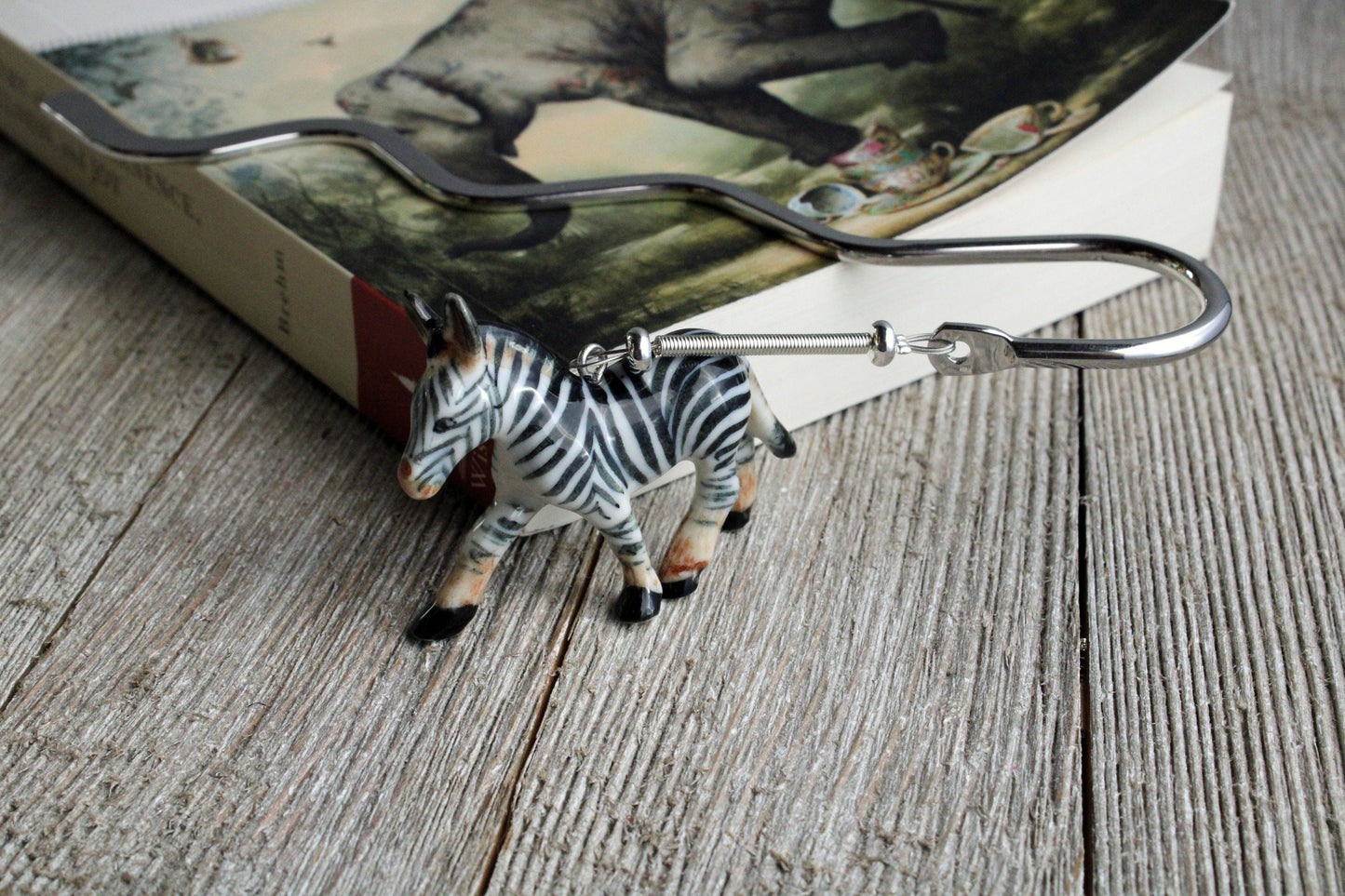 Zebra Bookmark - animal lover gift, gift for a reader, cute porcelain figure metal bookmark, zoo animal gift, zebras page holder, librarian