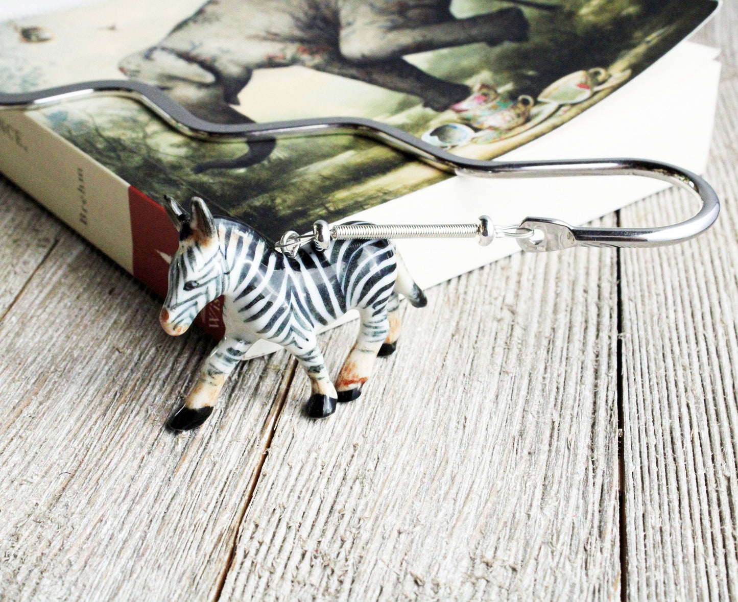 Zebra Bookmark - animal lover gift, gift for a reader, cute porcelain figure metal bookmark, zoo animal gift, zebras page holder, librarian