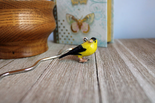 Goldfinch Yellow Bird Bookmark  - Songbird Metal Bookmarker, bird lover gift, bird-feeder visitor, porcelain animal figurine reader gift