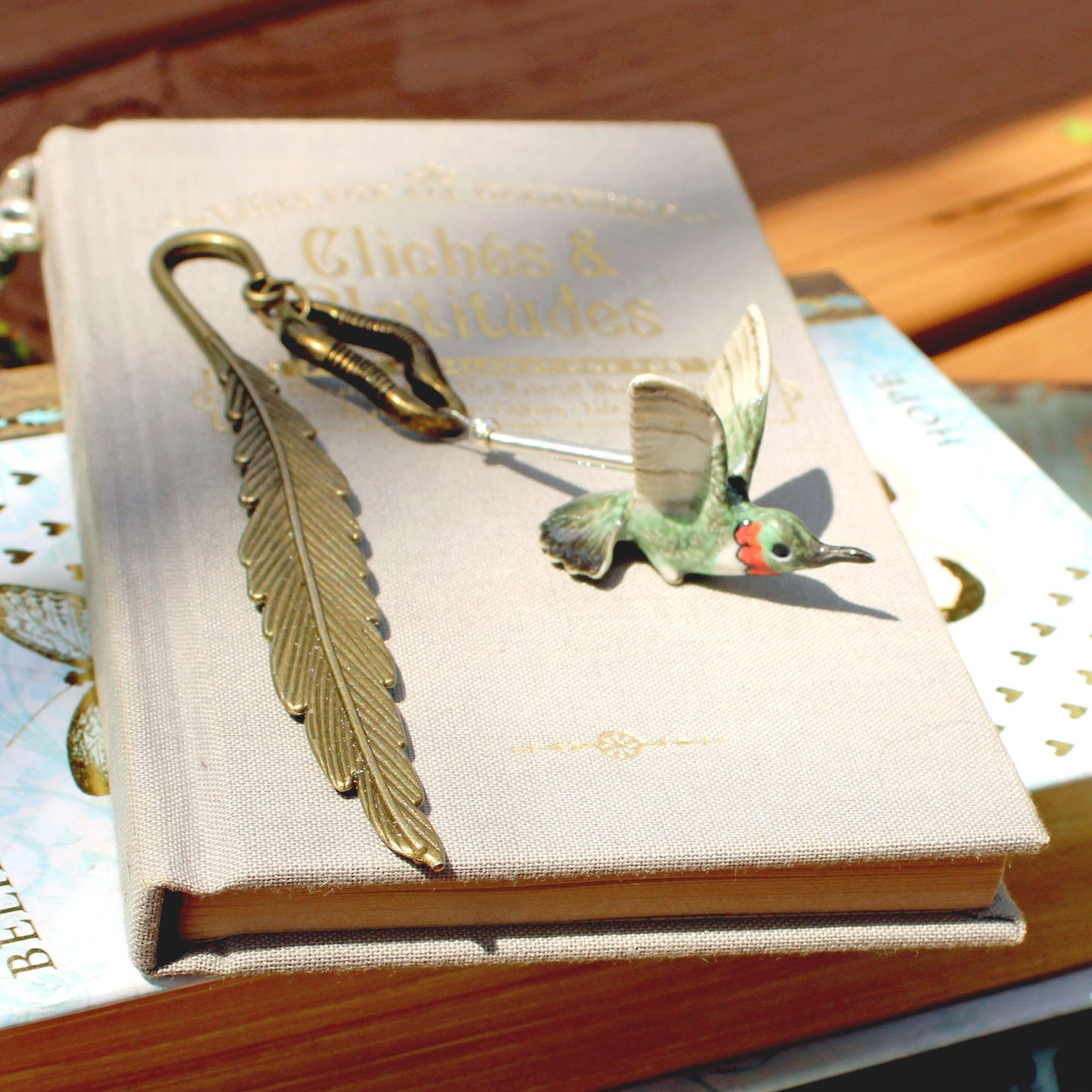 RUBY THROATED HUMMINGBIRD in Flight bookmark, bird watcher gift, porcelain figure metal bookmark, bird lover gift 4