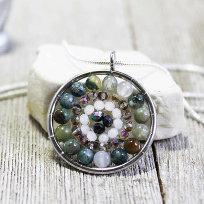Mandala Pendant Necklace with Fancy Jasper and Aurora Borealis Crystals - Zen Jewelry Gift