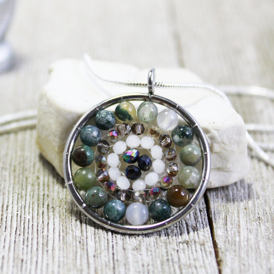 MANDALA ZEN STYLE necklace - Spiritual Jewelry Gift, fancy jasper stone pendant, aurora borealis crystals, healing jewelry, crystal medalion