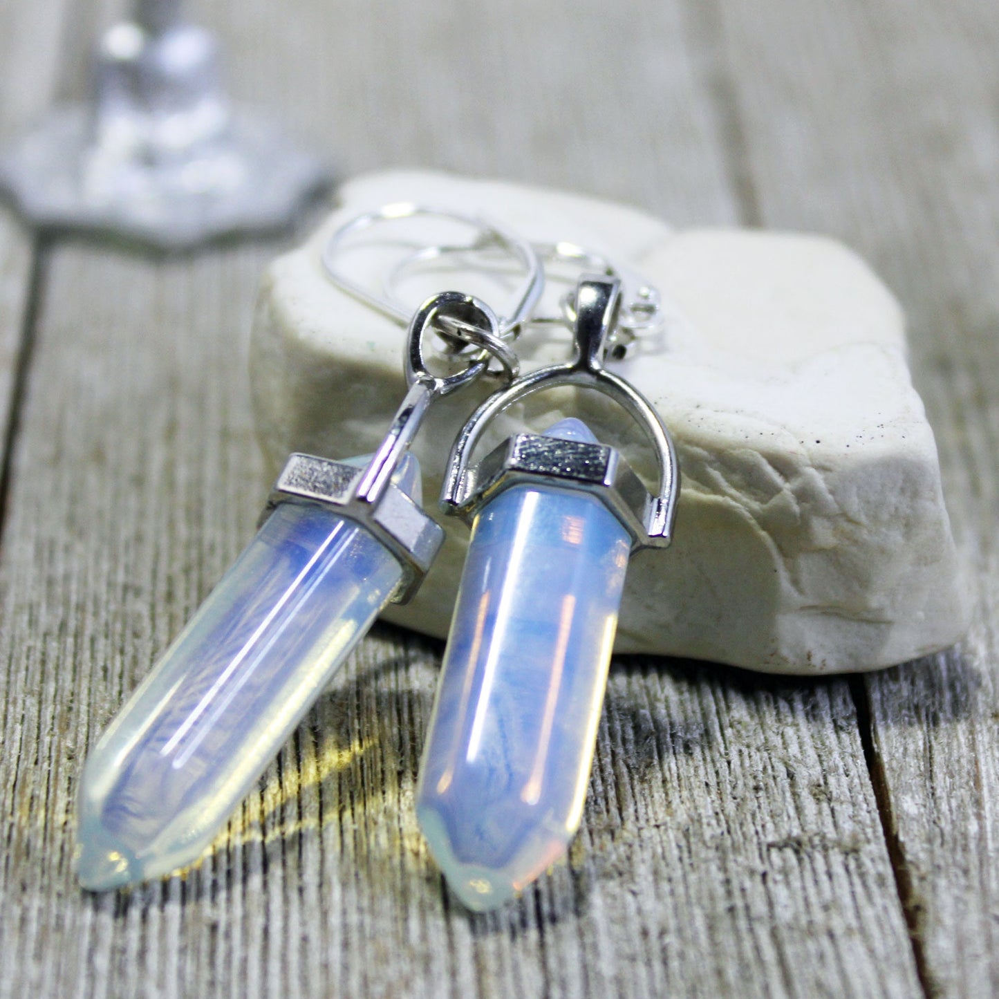 CHAKRA STONES Wand Pendant - Rose Quartz or Moonstone Base Wand Necklace and Earrings Set, Opalite Wand Earrings