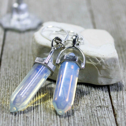 Chakra Stones Pendant Set - Handcrafted 7 Chakra Rose Quartz & Moonstone Wand Necklace with Opalite Earrings