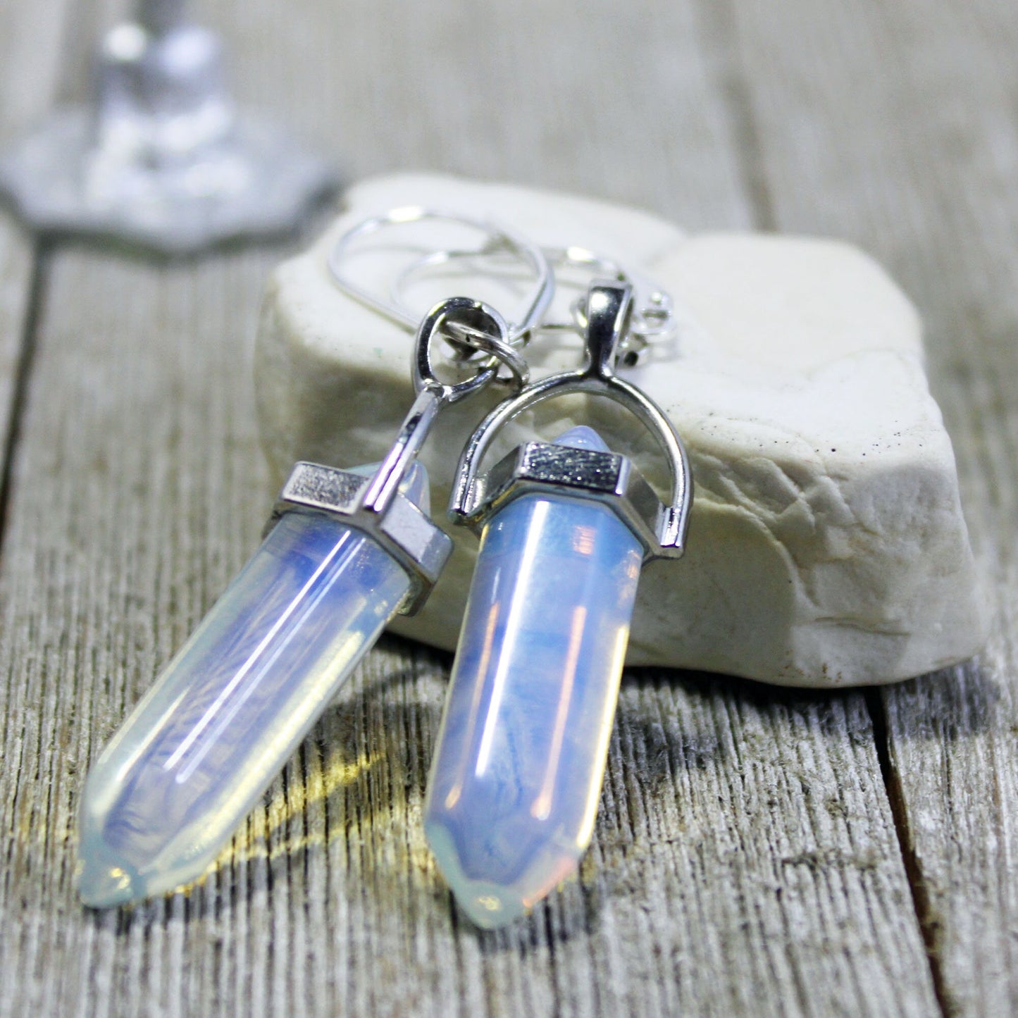 Opalite Wand Pendant with chakra stones - Rose Quartz or Moonstone Base Wand Necklace and Earrings Set, Opalite Wand Earrings