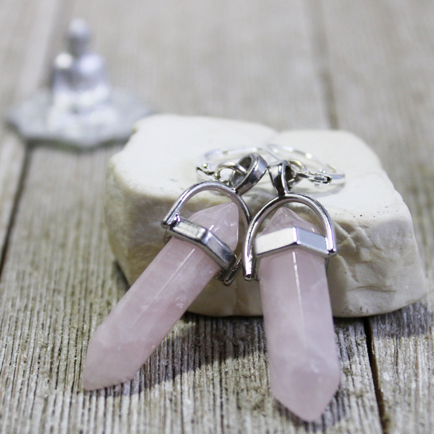 CHAKRA STONES Wand Pendant - Rose Quartz or Moonstone Base Wand Necklace and Earrings Set, Opalite Wand Earrings