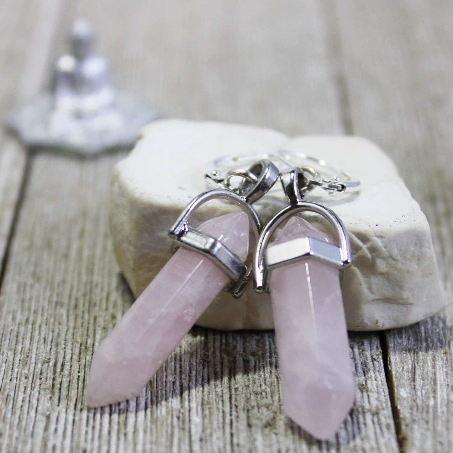 Opalite Wand Pendant with chakra stones - Rose Quartz or Moonstone Base Wand Necklace and Earrings Set, Opalite Wand Earrings