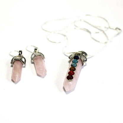Chakra Stones Pendant Set - Handcrafted 7 Chakra Rose Quartz & Moonstone Wand Necklace with Opalite Earrings