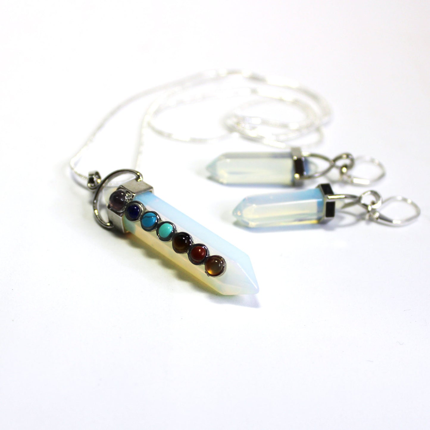 CHAKRA STONES Wand Pendant - Rose Quartz or Moonstone Base Wand Necklace and Earrings Set, Opalite Wand Earrings