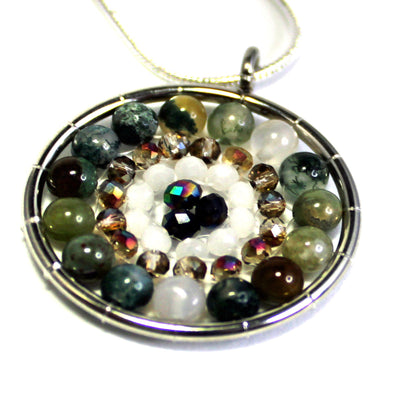 Elegant Mandala Pendant necklace highlighting a unique fancy jasper stone, ideal gift for mindfulness and zen jewelry.