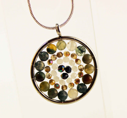 Mandala Pendant Necklace with Fancy Jasper and Aurora Borealis Crystals - Zen Jewelry Gift