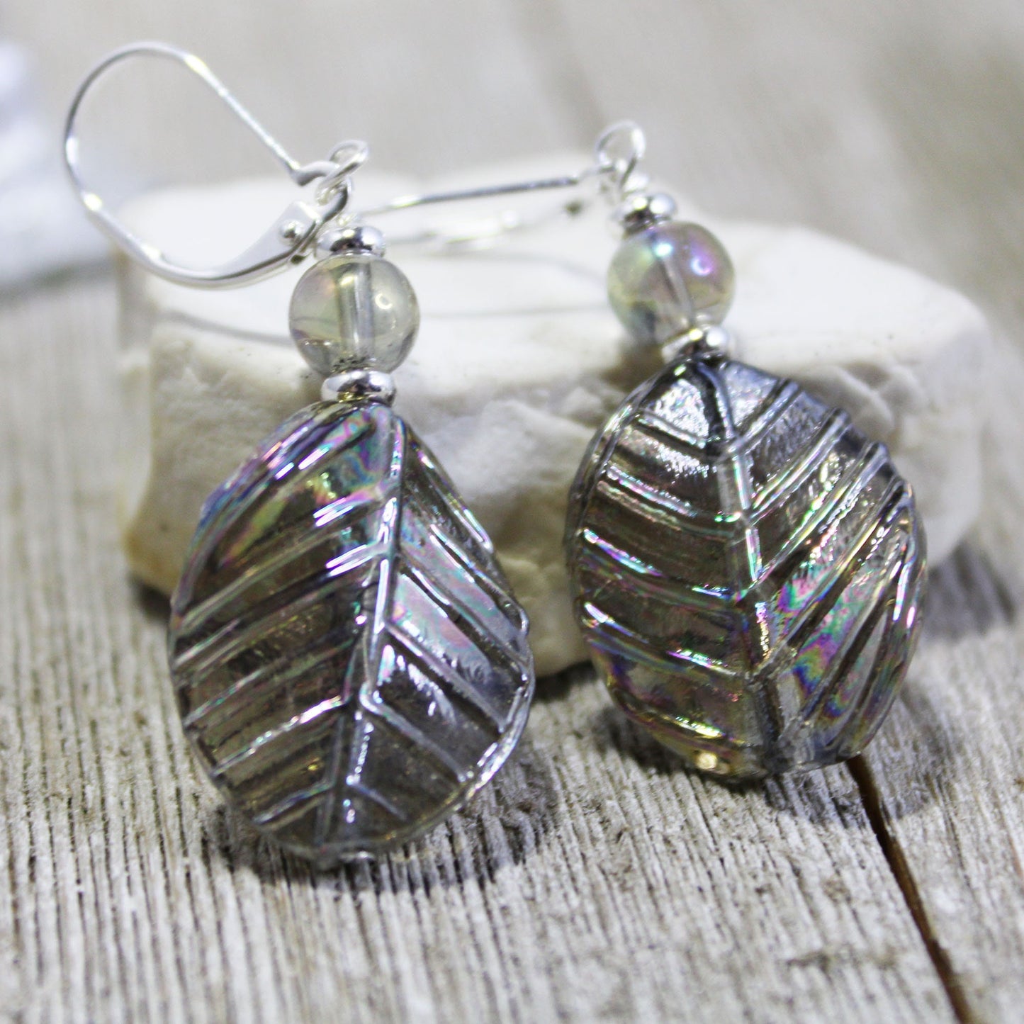 LEAF EARRINGS - art glass aurora borealis, Shimmering Jewelry, AB finish, nature aesthetic gift, gray and pastel tones, dangle earrings