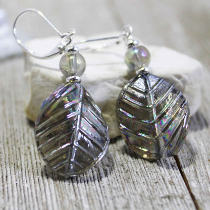 Nature Aesthetic Earrings - Gray & Pastel Art Glass Leaf Dangle Jewelry with AB Finish