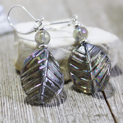 Shimmering Crystal Leaf Earrings by Enlivenadorn, crafted from art glass with an AB finish, a beautiful nature-inspired jewelry gift.