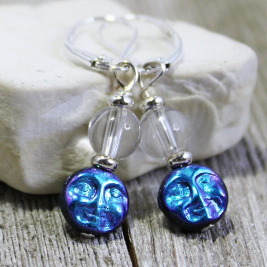 Moon Jewelry, Celestial Earrings - Smiling Full moon and Quartz AB crystal Purple Shimmer Earrings gift for the metaphysical and astrologer