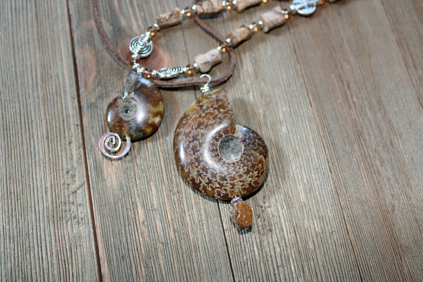 Ammonite fossil partner jewelry, soulmate necklace set, fossil stone with opalescent bands pendant