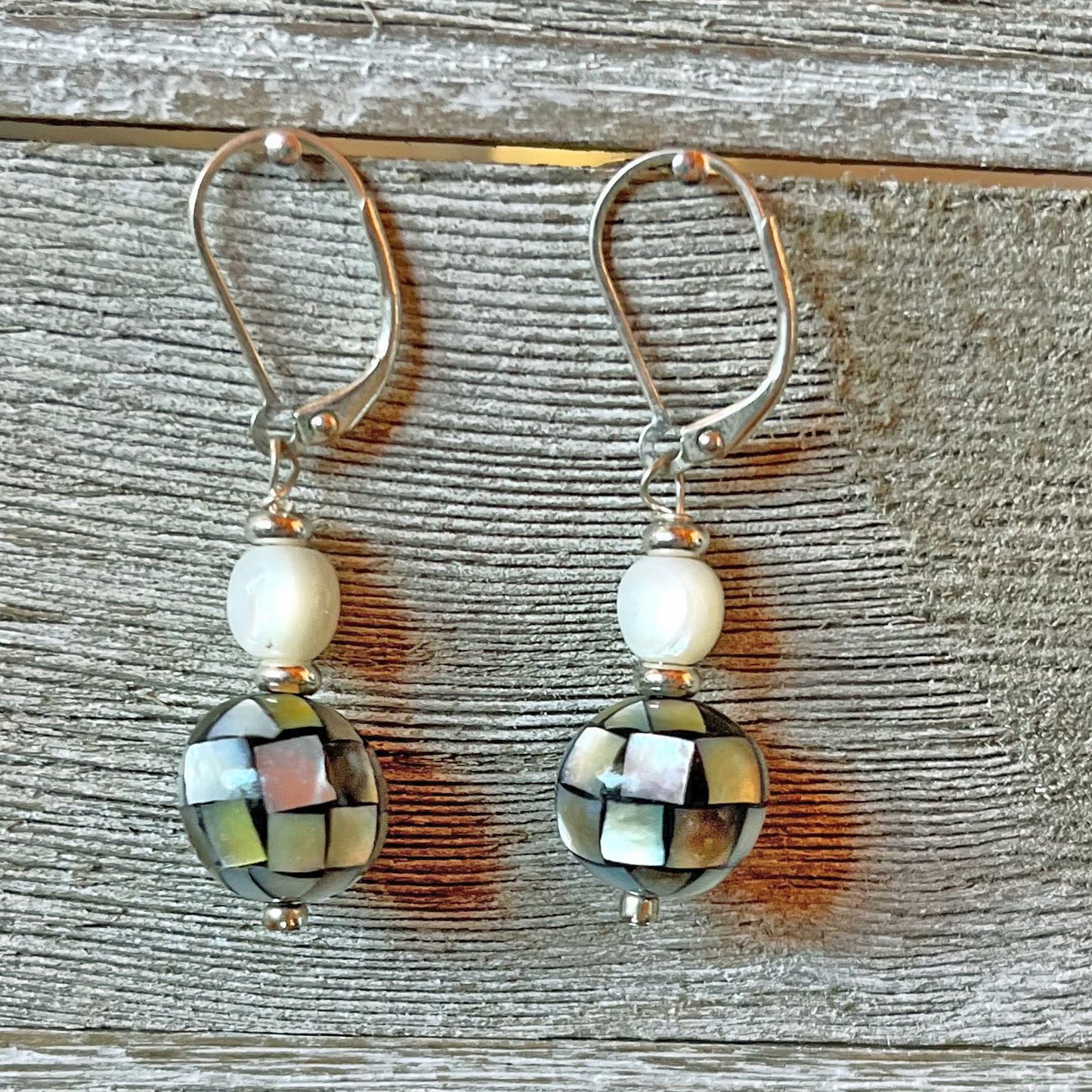 Classic Mosaic Mother of Pearl Orb Earrings - MOP circular black white gray dangle earrings, woman jewelry gift, BVI Blues Collection 1