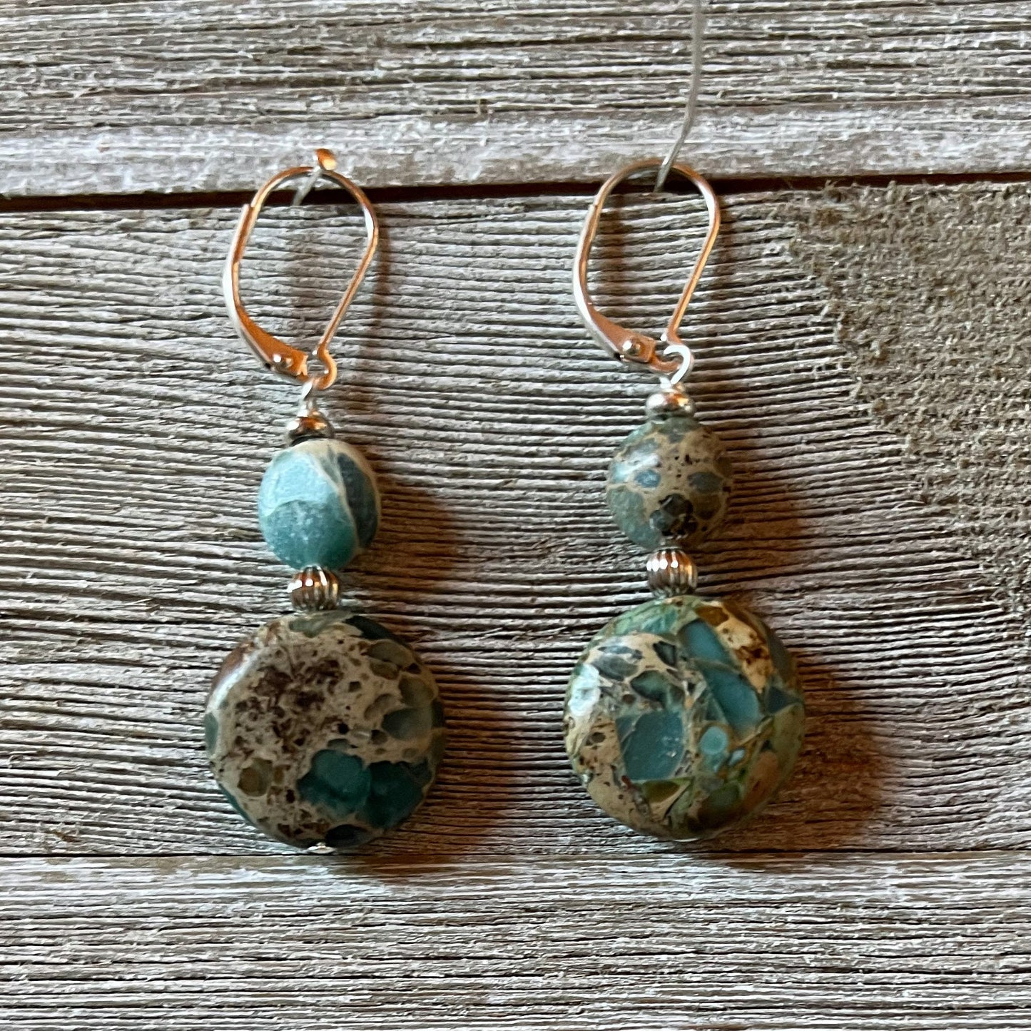 Aqua Terra Stone Earrings - Sediment Jasper Jewelry, Gift for Woman, Smooth Aqua and Tan colored like ocean surf  BVI Blues Collection 7