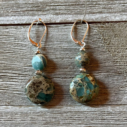Close-up view of Aqua Terra Stone Earrings showcasing Sediment Jasper's unique textures resembling waves, perfect gift for women.
