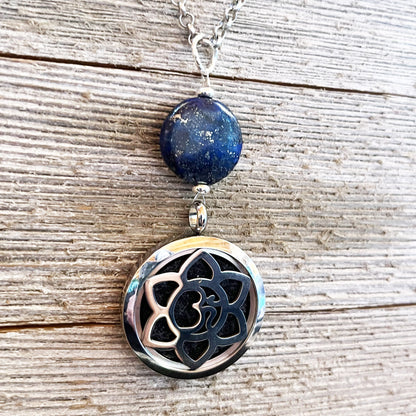 Lapis Lazuli Jewelry Set - aromatherapy locket necklace, circular disc earrings, lotus pendant, separate or as a set, SWELL to Smell