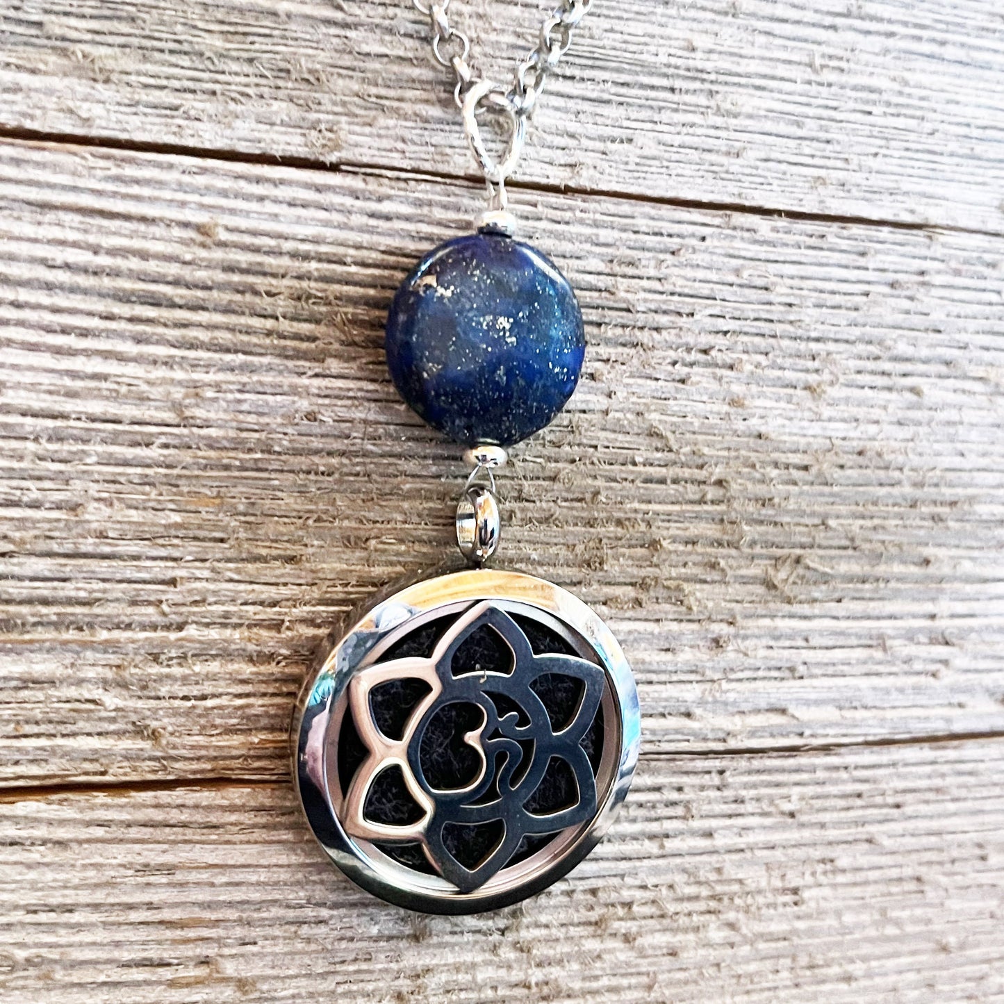 Lapis Lazuli Jewelry Set - aromatherapy locket necklace, circular disc earrings, lotus pendant, separate or as a set, SWELL to Smell