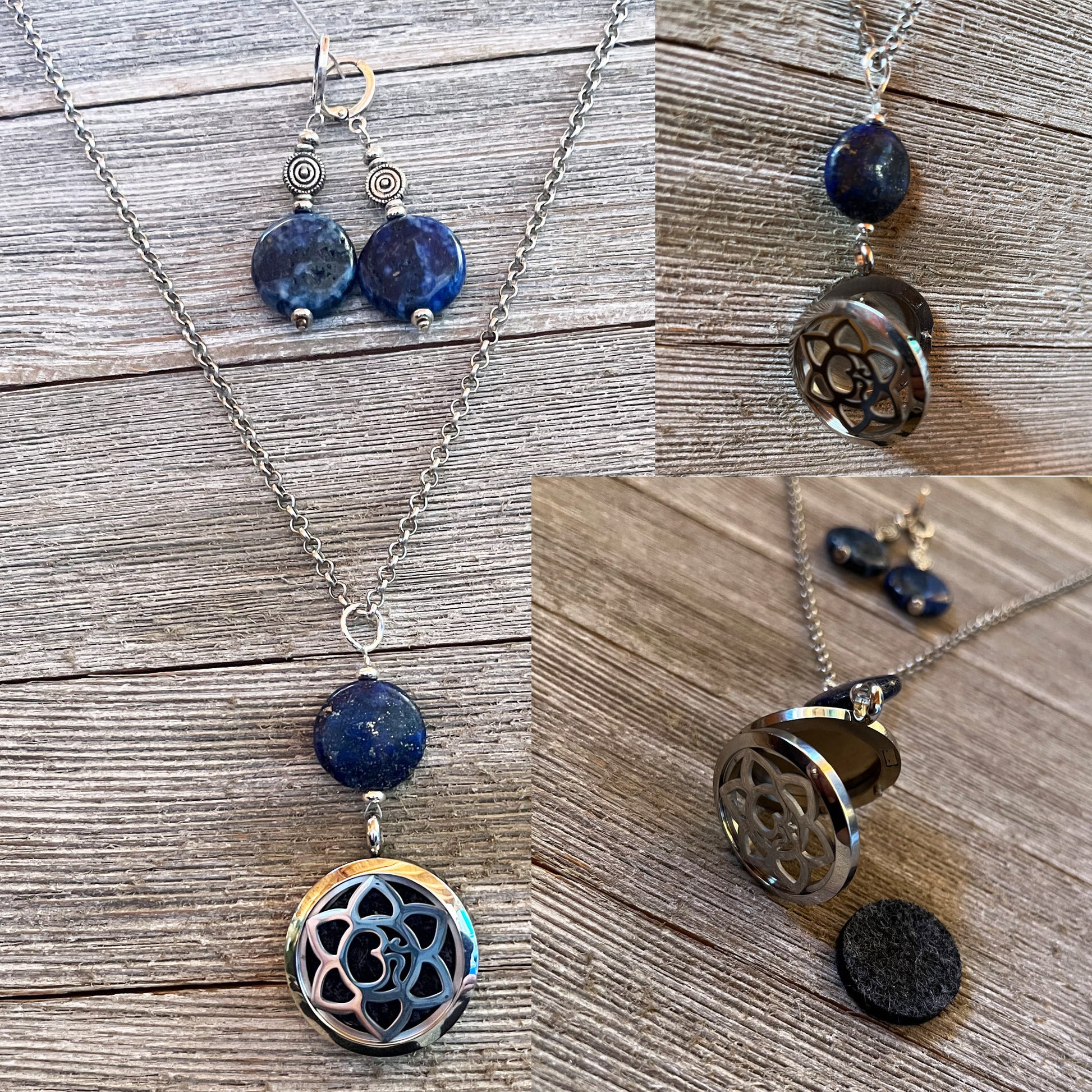 Lapis Lazuli Jewelry Set - aromatherapy locket necklace, circular disc earrings, lotus pendant, separate or as a set, SWELL to Smell