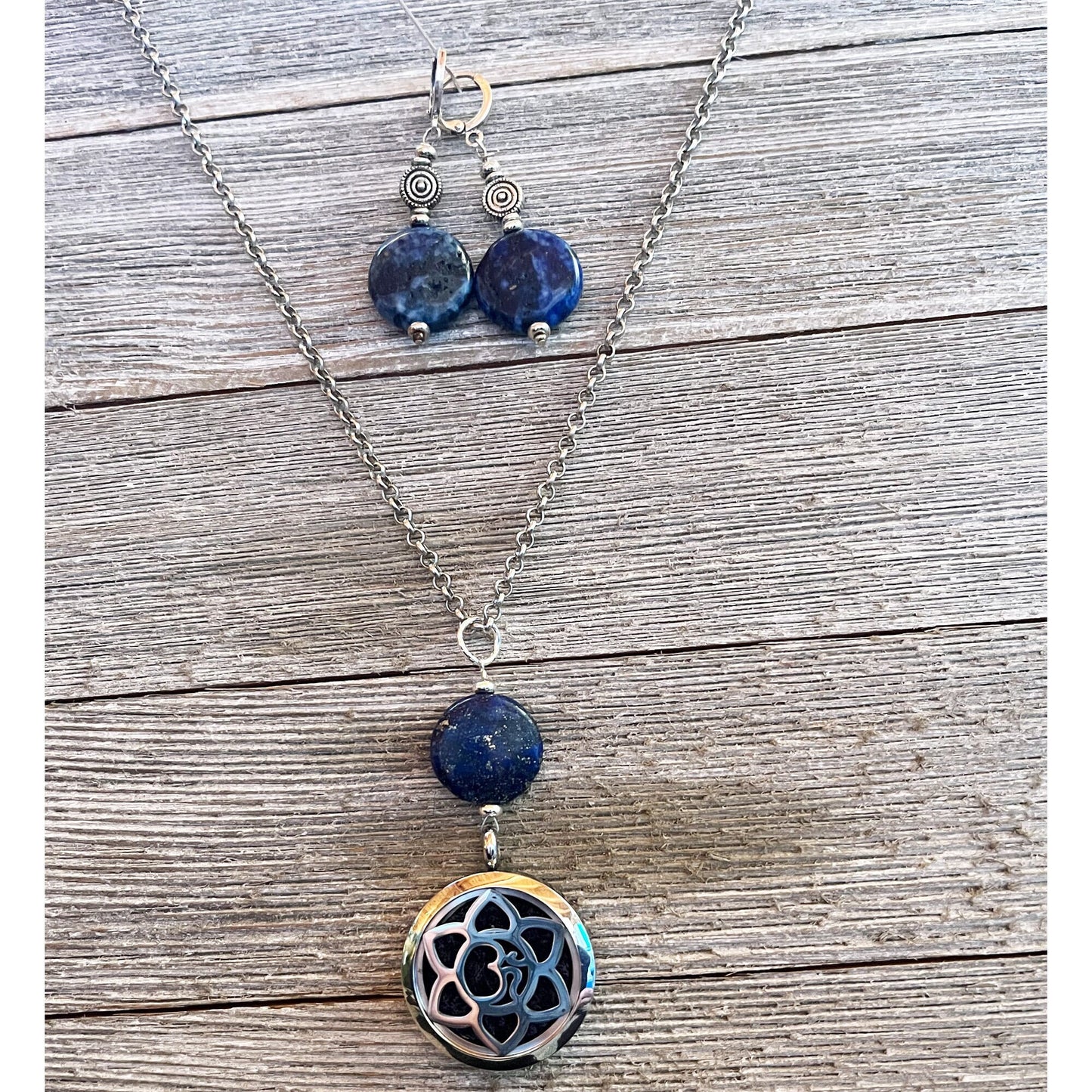 Lapis Lazuli Jewelry Set - aromatherapy locket necklace, circular disc earrings, lotus pendant, separate or as a set, SWELL to Smell