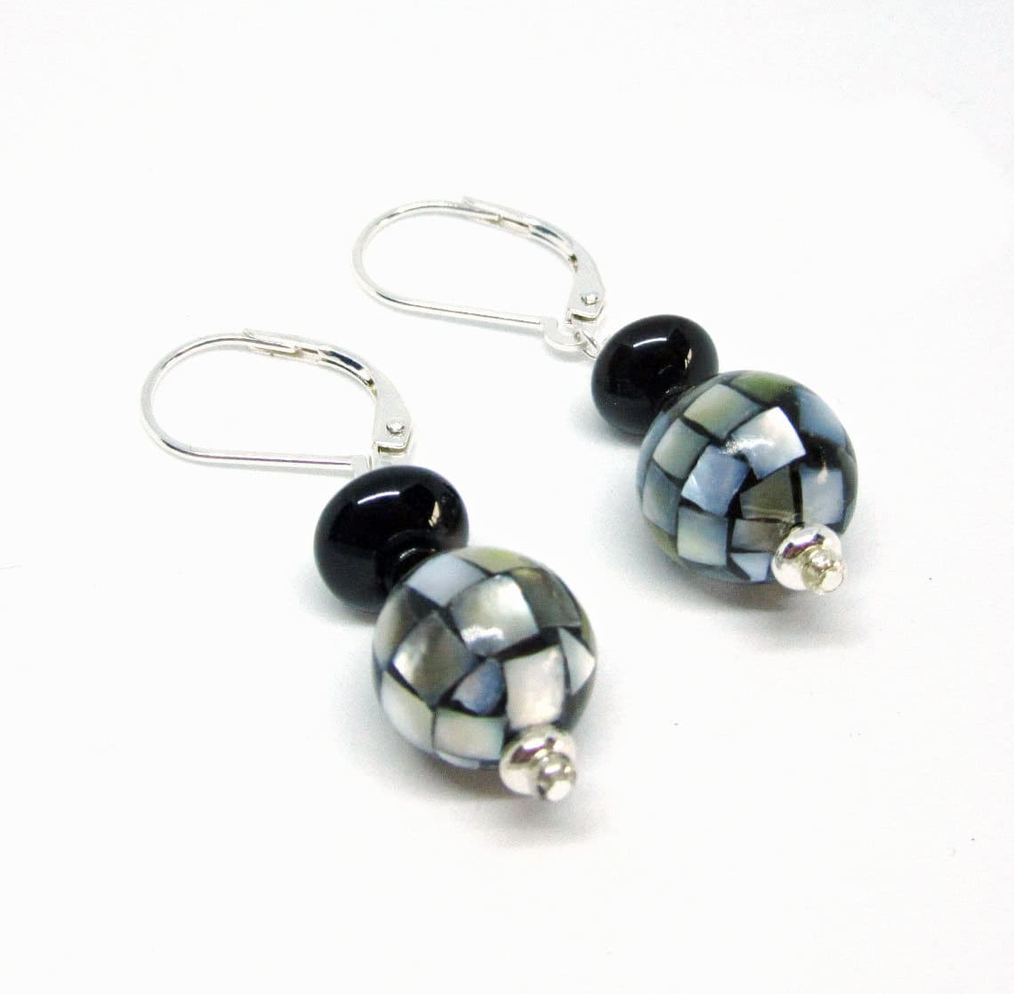 Classic Mosaic Mother of Pearl Orb Earrings - MOP circular black white gray dangle earrings, woman jewelry gift, BVI Blues Collection 1