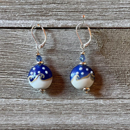 Ocean Wave Earrings say Hello - beautiful lamp worked glass earrings designed for ocean lovers, featuring blue and white swirls that mimic the ocean.