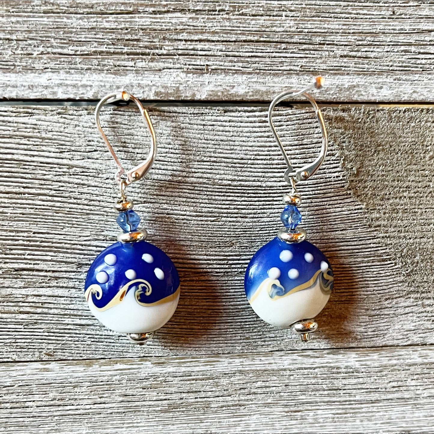 Ocean Wave Earrings say Hello – lamp worked glass earrings, ocean lover gift, sailing jewelry, water woman gift, gold earrings