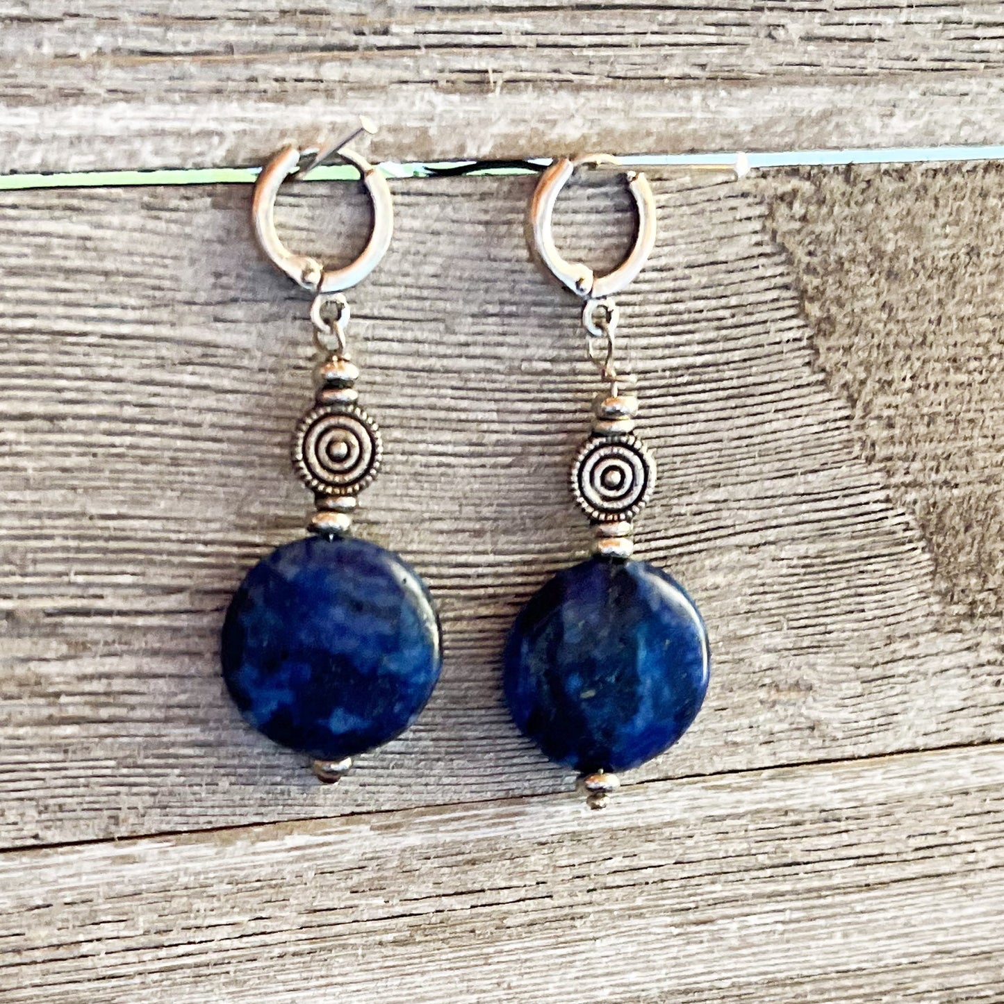 Lapis Lazuli Jewelry Set - aromatherapy locket necklace, circular disc earrings, lotus pendant, separate or as a set, SWELL to Smell