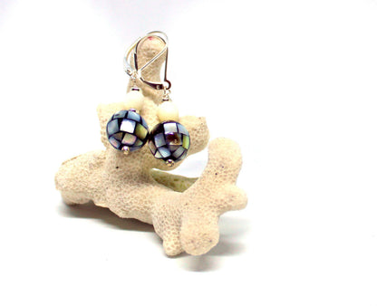 Classic Mosaic Mother of Pearl Orb Earrings featuring a beautiful black, white, and gray design, perfect for women who appreciate elegant jewelry gifts from the BVI Blues Collection.