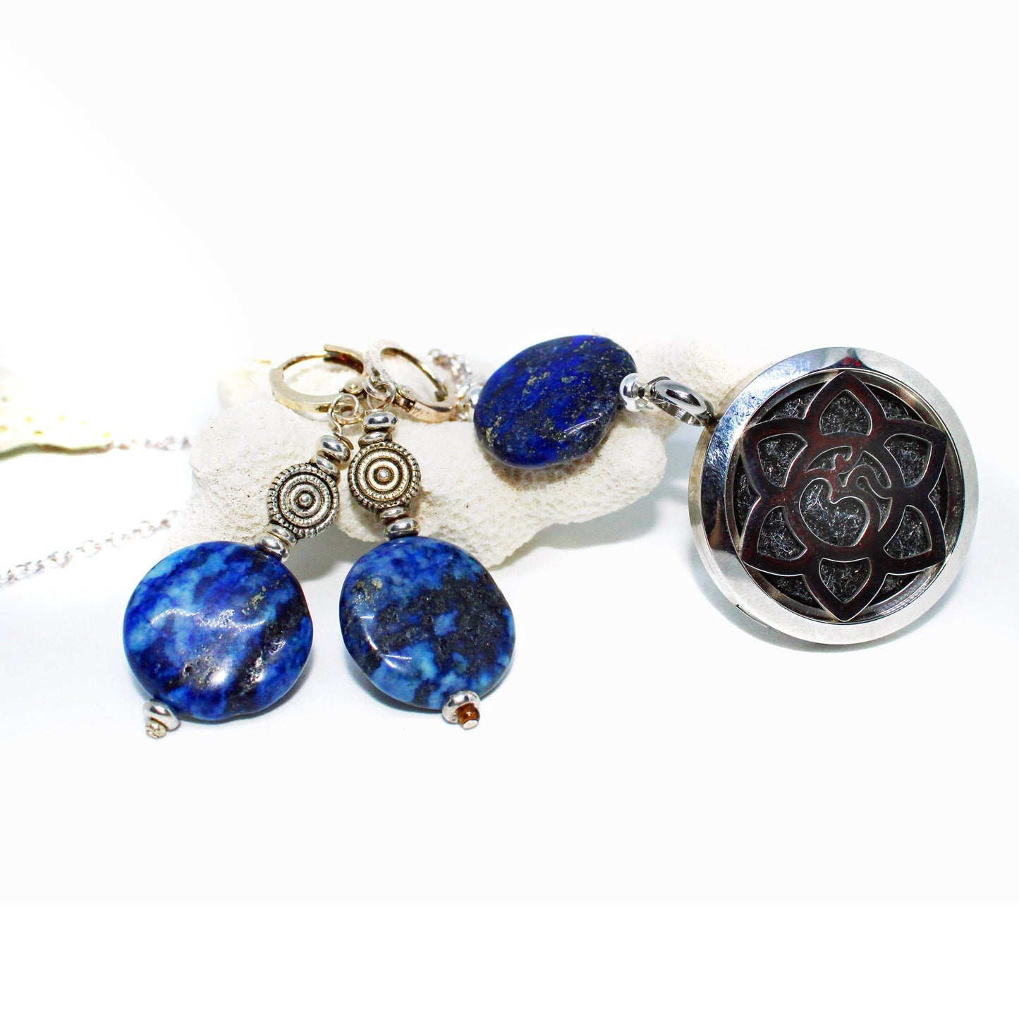 Lapis Lazuli Jewelry Set - aromatherapy locket necklace, circular disc earrings, lotus pendant, separate or as a set, SWELL to Smell