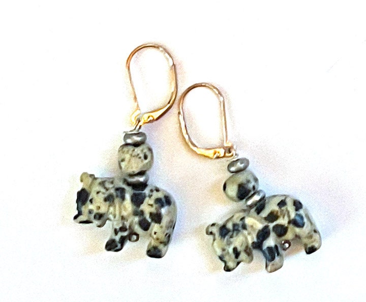 Elephant Earrings - tiger's eye carved stone elephants, elephant lover jewelry, zoo keeper gift, dalmatine jasper, opaiite, quartz,