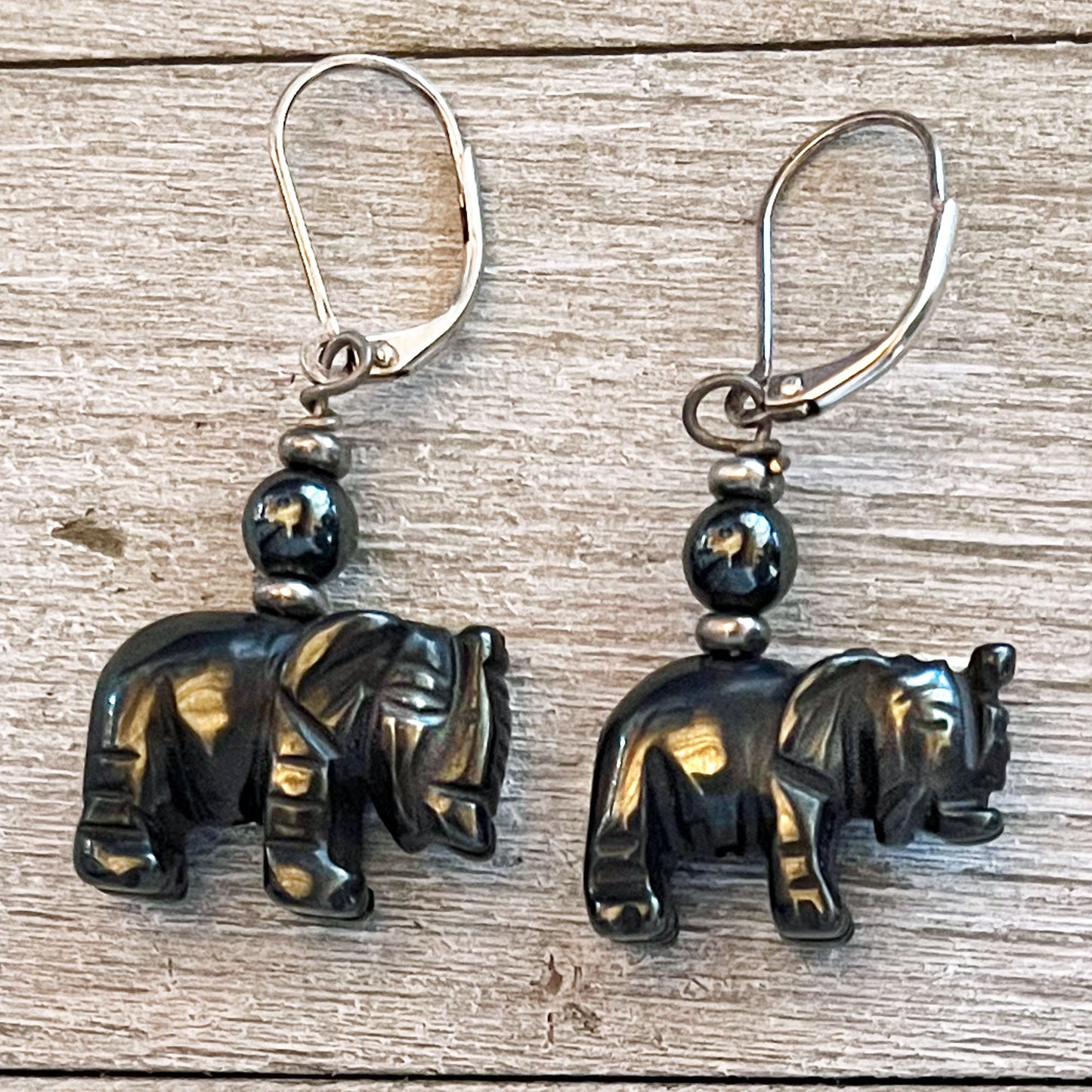 Elephant Earrings - tiger's eye carved stone elephants, elephant lover jewelry, zoo keeper gift, dalmatine jasper, opaiite, quartz,