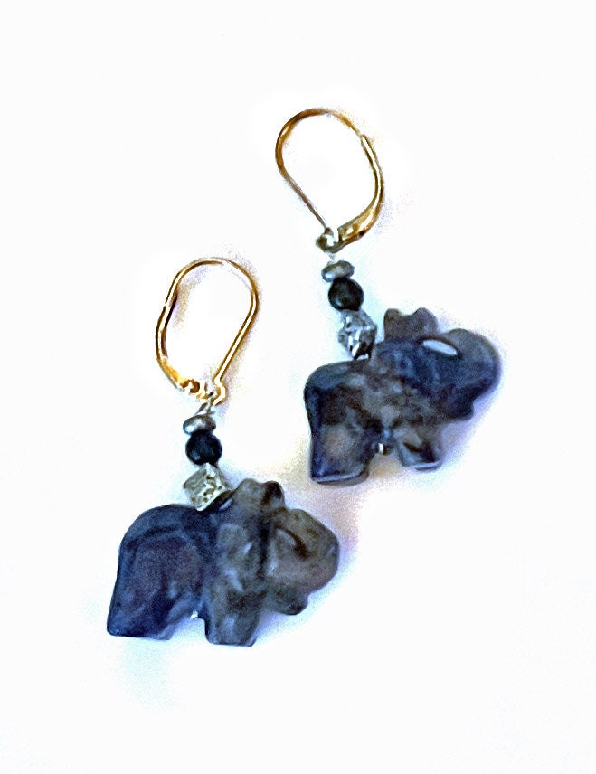 Elephant Earrings - tiger's eye carved stone elephants, elephant lover jewelry, zoo keeper gift, dalmatine jasper, opaiite, quartz,