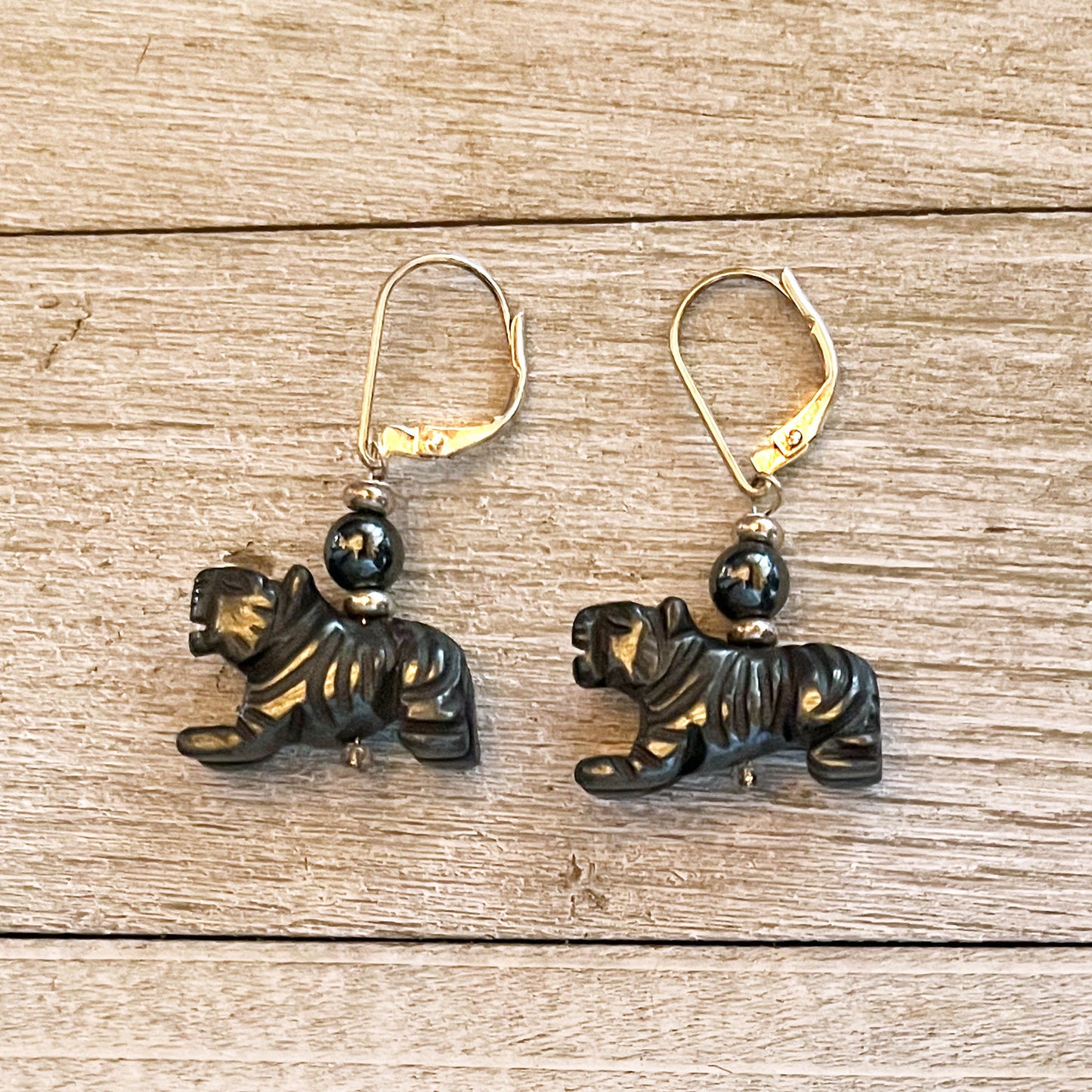 Black Panther Earrings - Carved Hematite, Gift for Big Cat Lover, Carved Stone Animal Jewelry, Tiger Earrings, Science Jewelry, Zoo Keeper