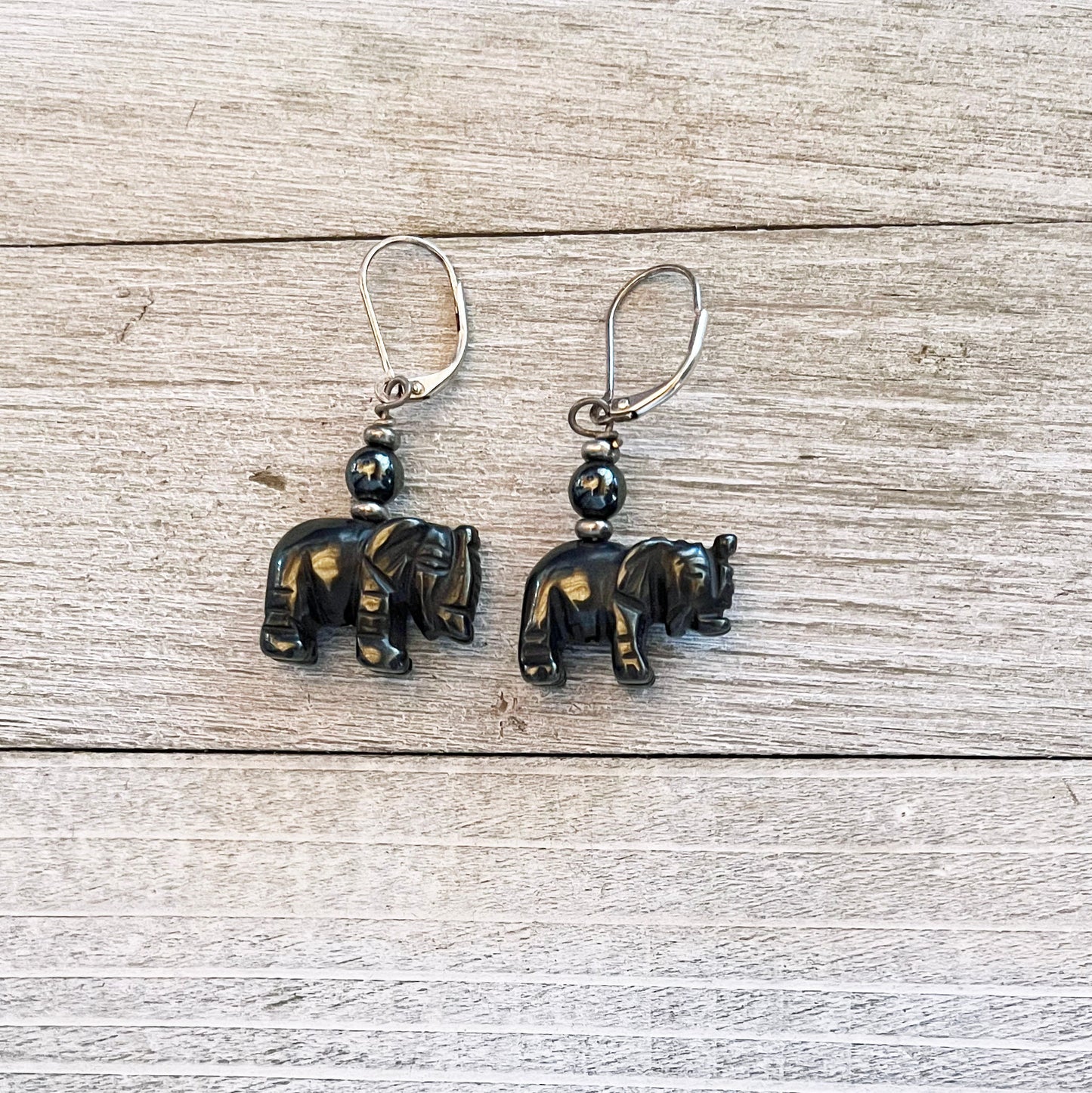 Elephant Earrings - Black Hematite, carved stone elephants, elephant lover jewelry, zoo keeper gift, trunks up for good luck, dangle drop