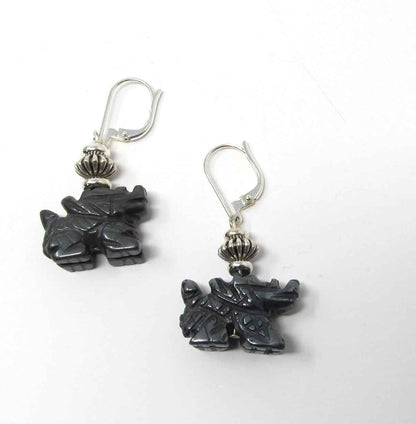 Fantasy Themed Jewelry - Carved Black Hematite Dragon Earrings & Necklace Set, Unique Gamer Gift