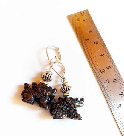 Fantasy Themed Jewelry - Carved Black Hematite Dragon Earrings & Necklace Set, Unique Gamer Gift