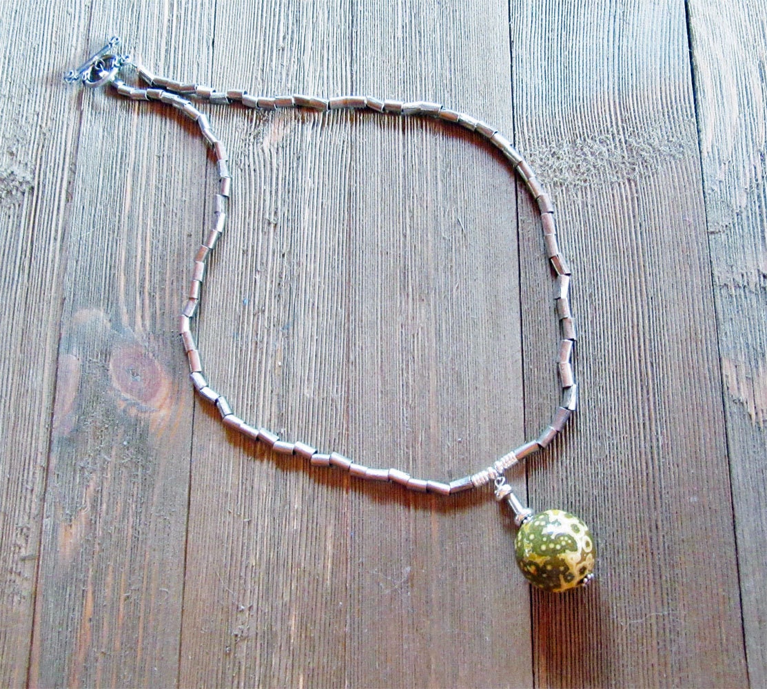 Ocean Jasper Atlantis Stone Orb Pendant Necklace - Artisan Made Minimalist Design