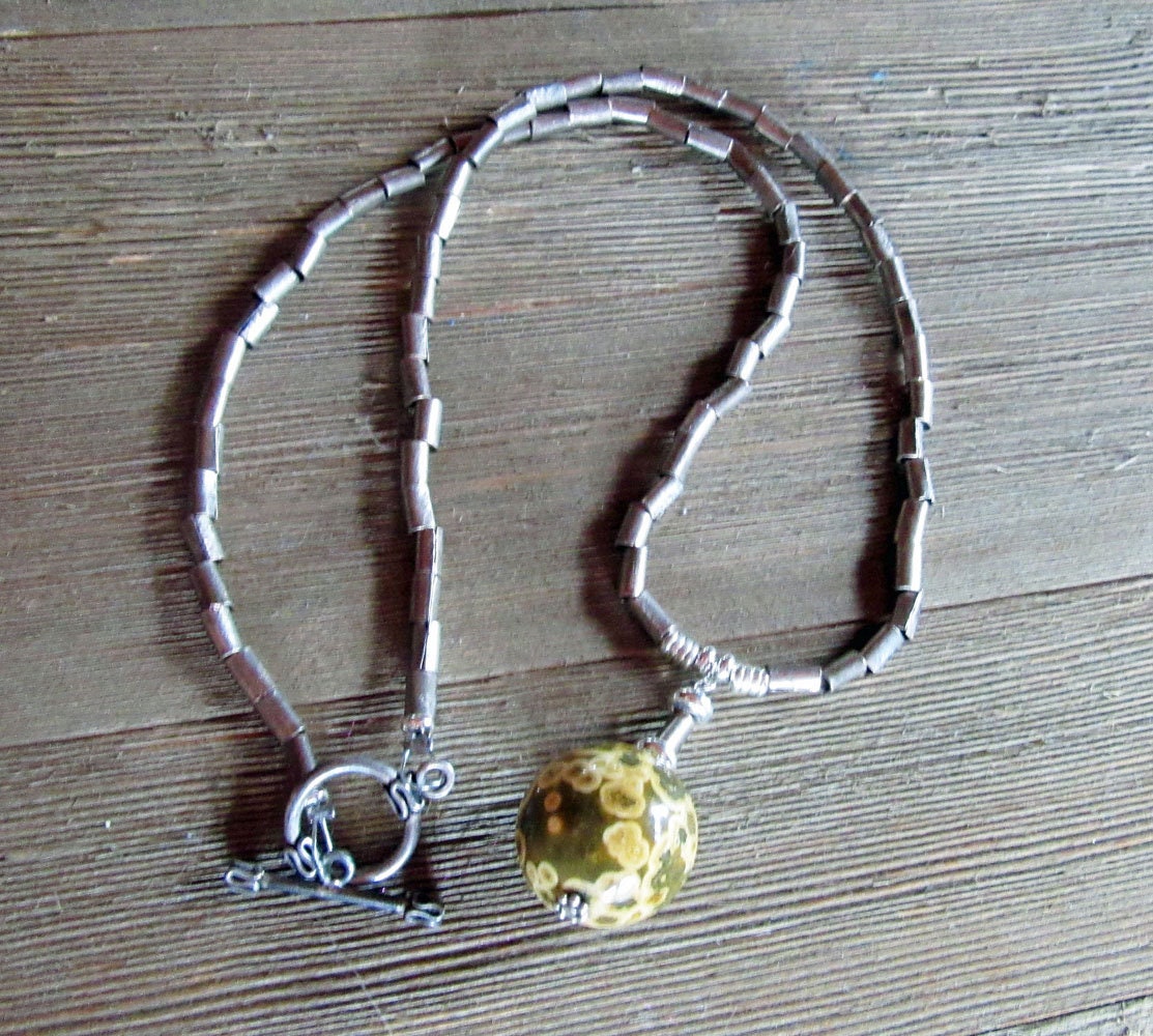 Ocean Jasper Atlantis Stone Orb Pendant Necklace - Artisan Made Minimalist Design