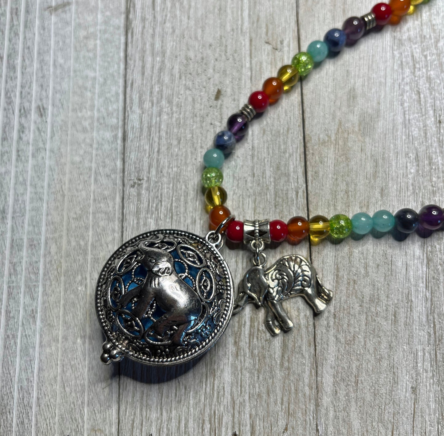 Aromatherapy Jewelry for Zen and Relaxation - Rainbow Quartz Mala Essential Oil Diffuser Necklace with Elephant or Owl Locket self care gift