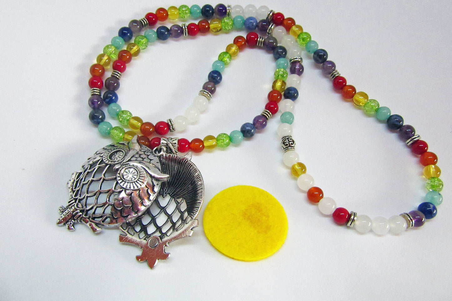 Aromatherapy Jewelry for Zen and Relaxation - Rainbow Quartz Mala Essential Oil Diffuser Necklace with Elephant or Owl Locket self care gift