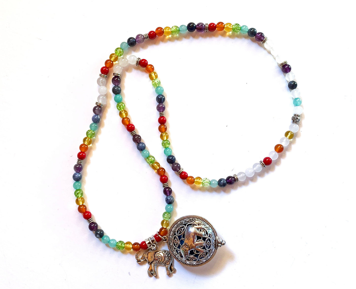 Aromatherapy Jewelry for Zen and Relaxation - Rainbow Quartz Mala Essential Oil Diffuser Necklace with Elephant or Owl Locket self care gift