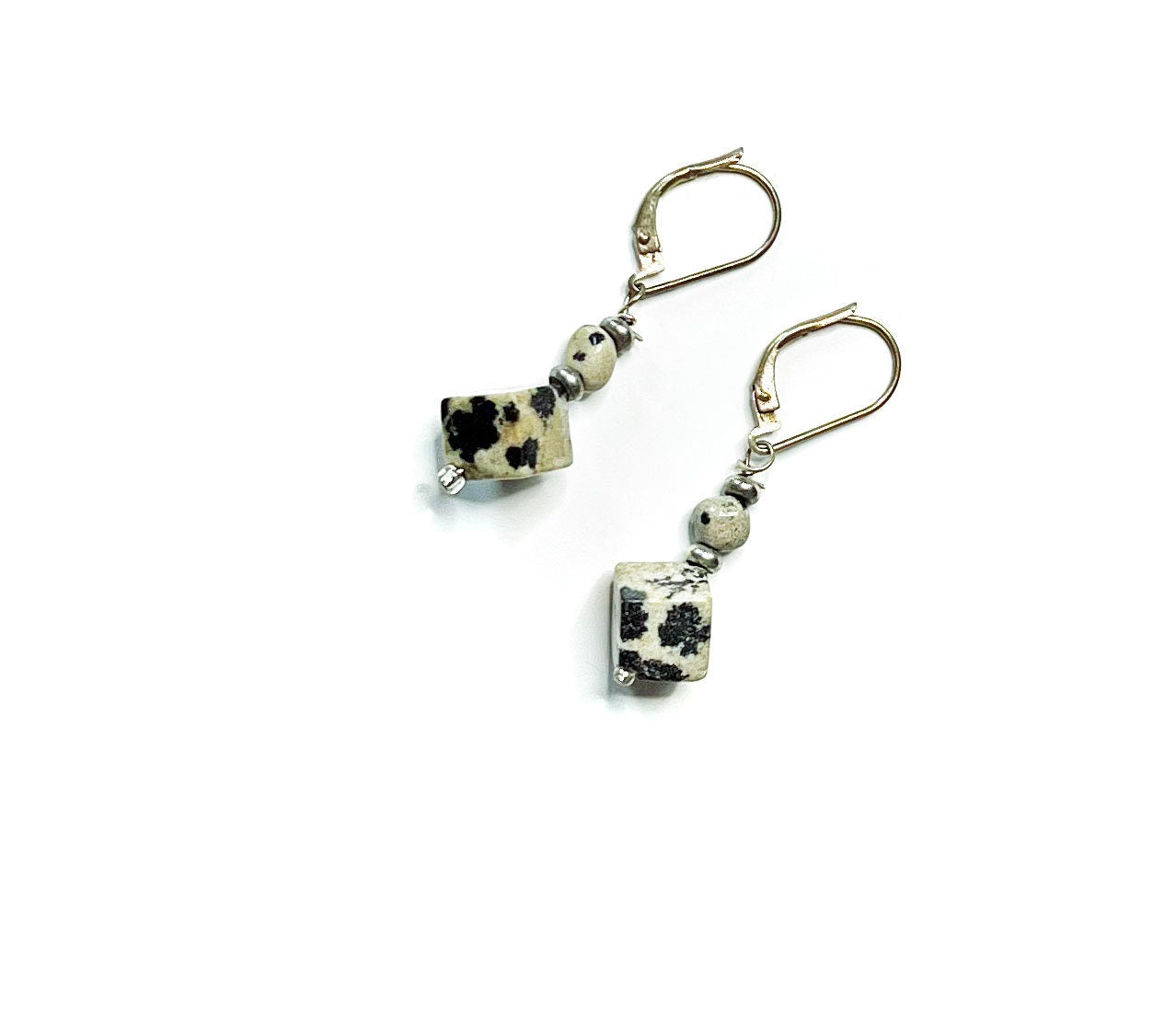 Sacred Geometry Dalmatian Jasper Cube Earrings - Sterling Silver Artisan Jewelry