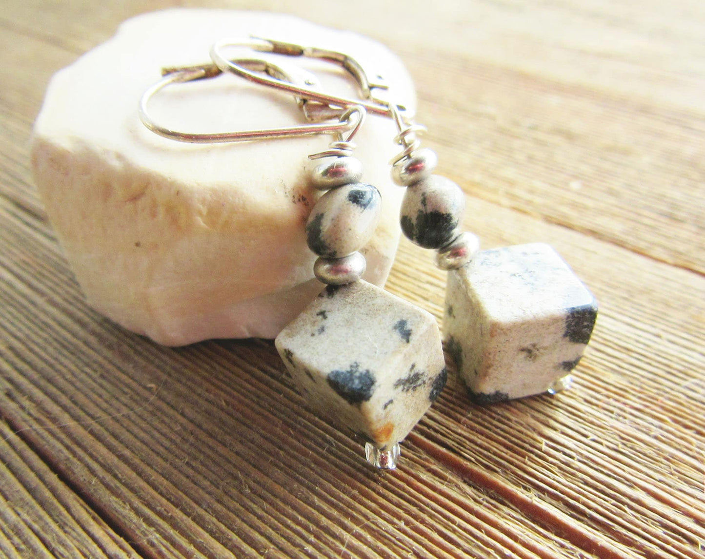 Sacred Geometry Dalmatian Jasper Cube Earrings - Sterling Silver Artisan Jewelry