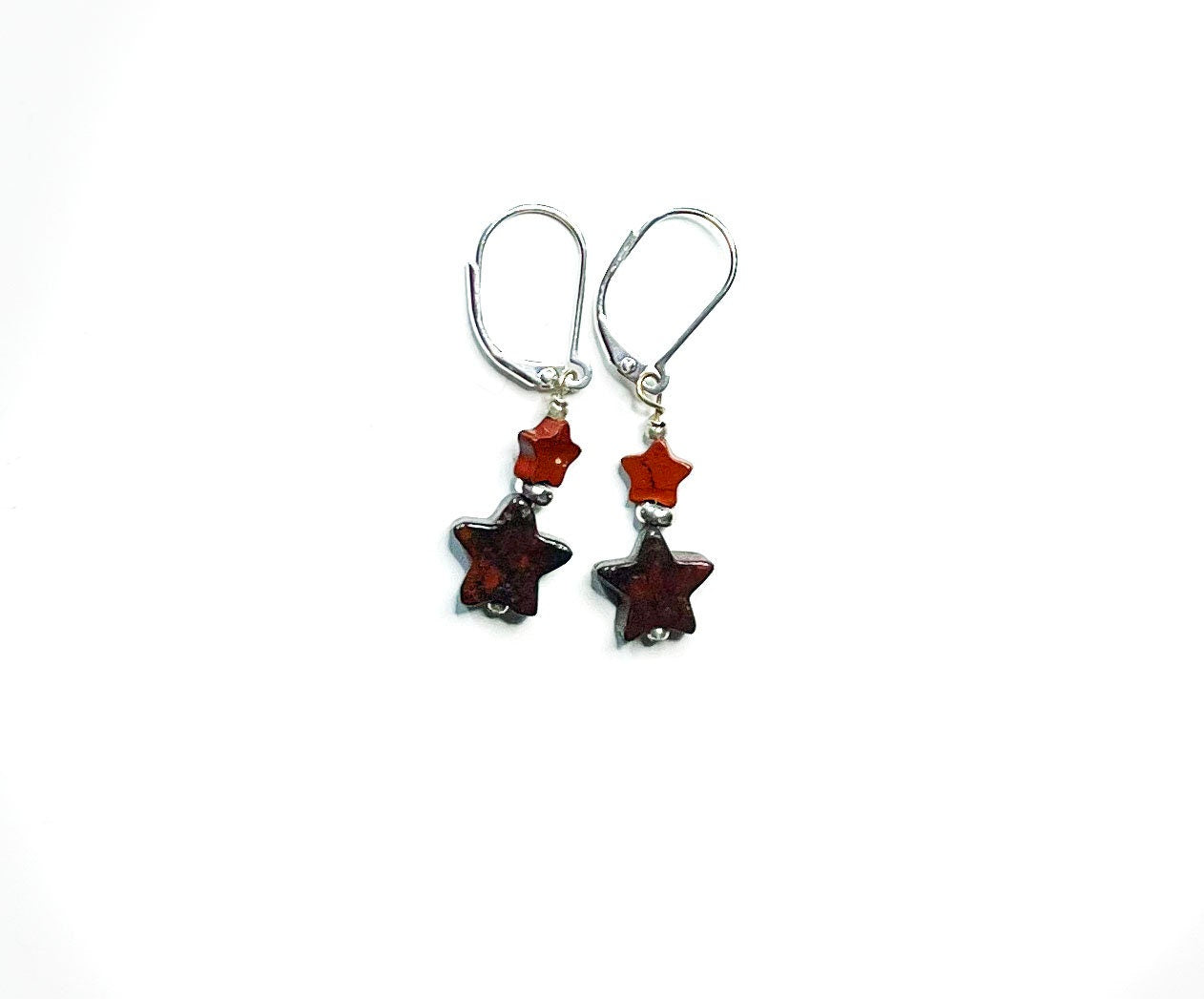 Celestial Cool Black and Red Star Dangle Earrings - 925 Sterling Silver Lever Back Earwires - Handmade Gemstone Jewelry